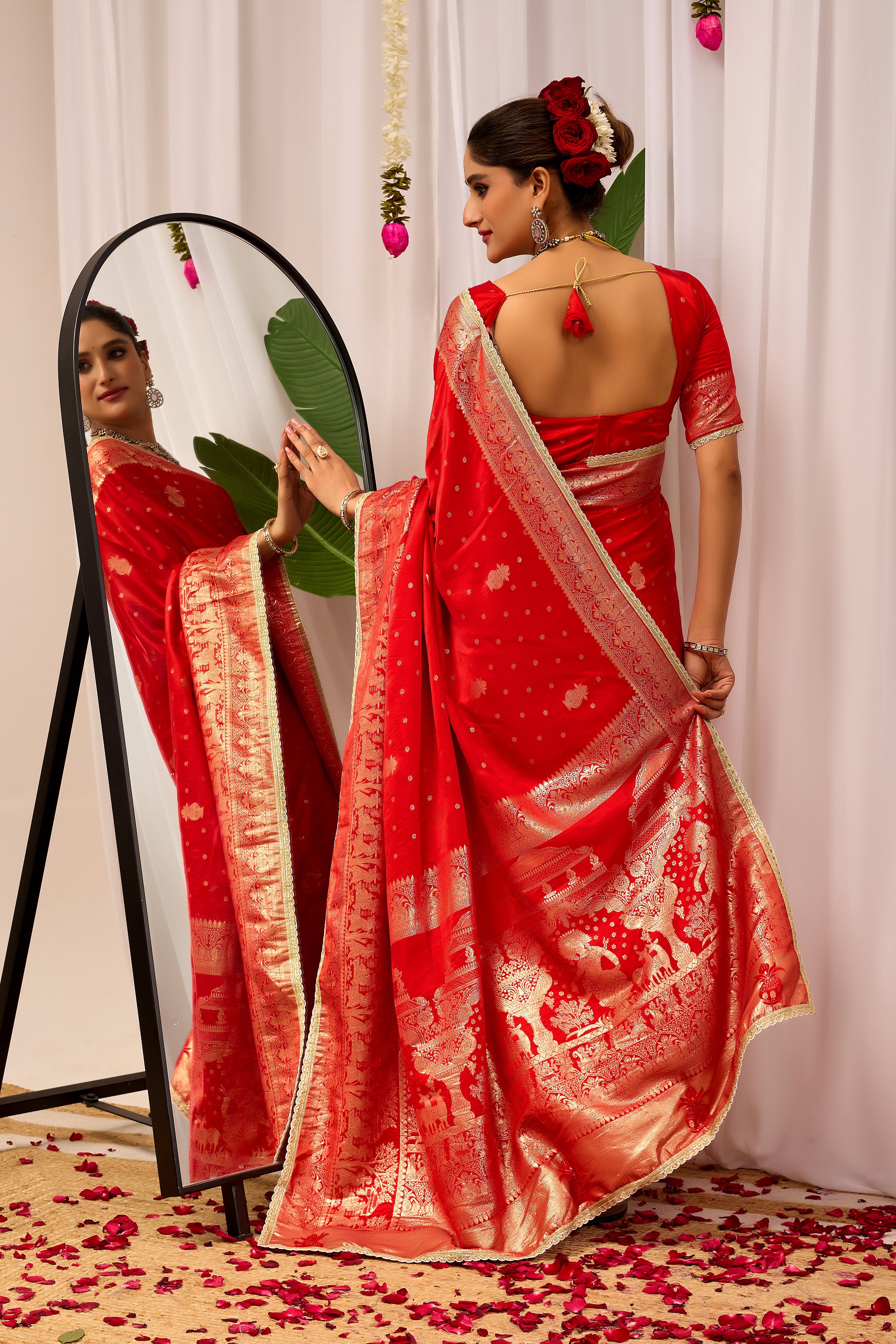 Sindoor Elegance – Crimson Red Satin Silk Saree with Heritage Gold Zari Weaving