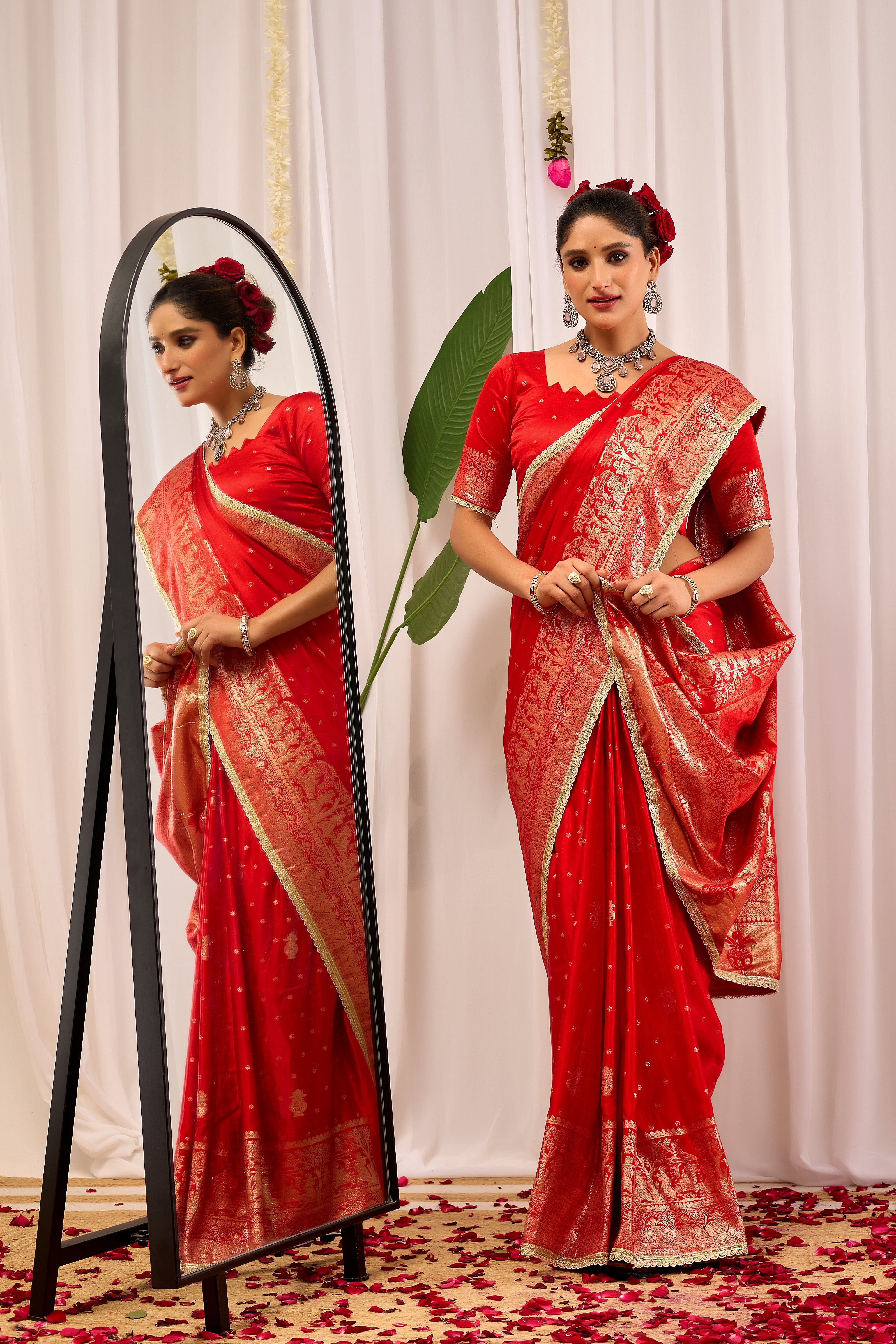 Sindoor Elegance – Crimson Red Satin Silk Saree with Heritage Gold Zari Weaving