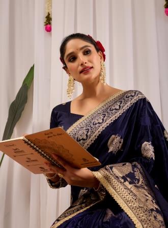 Midnight Royal  Deep Navy Blue Satin  Silk Saree with Antique Gold Zari Weaving
