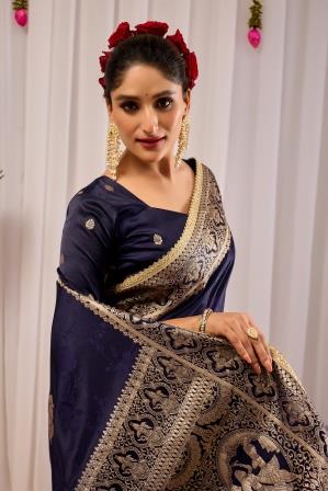 Midnight Royal  Deep Navy Blue Satin  Silk Saree with Antique Gold Zari Weaving