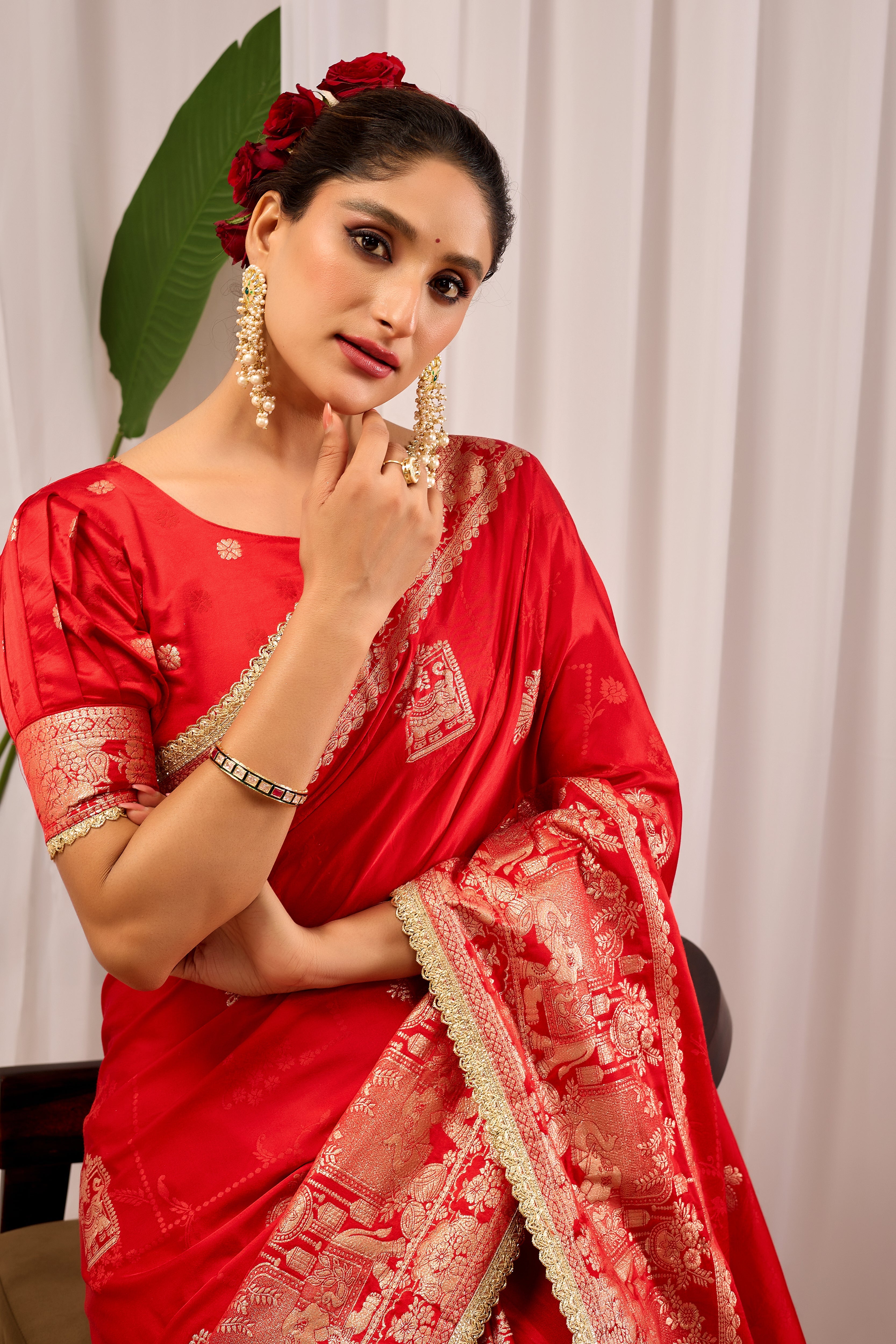 Suhaagan Splendour Crimson Red Satin Silk Saree with Grand Heritage Gold Zari Pallu