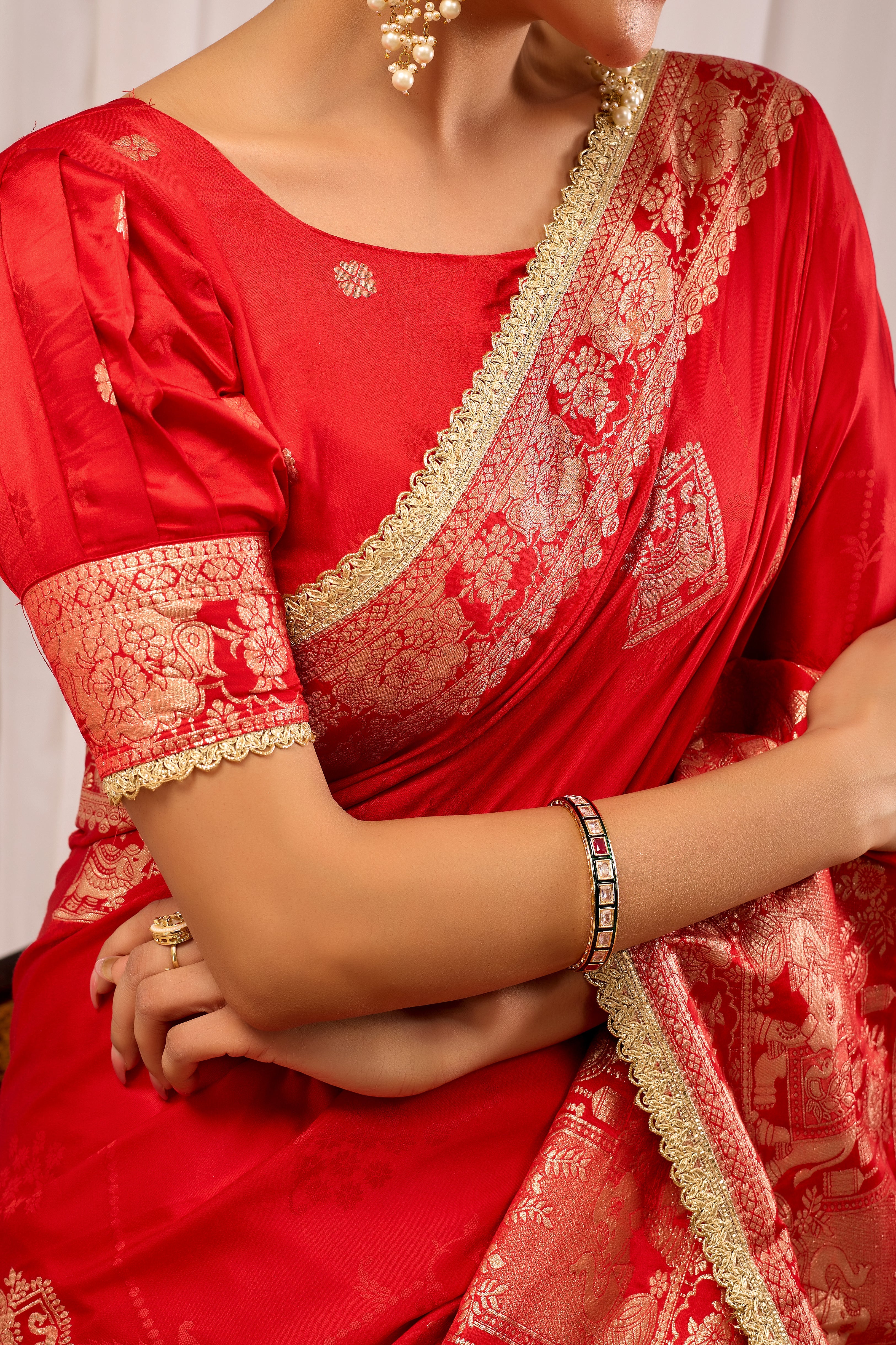 Suhaagan Splendour Crimson Red Satin Silk Saree with Grand Heritage Gold Zari Pallu