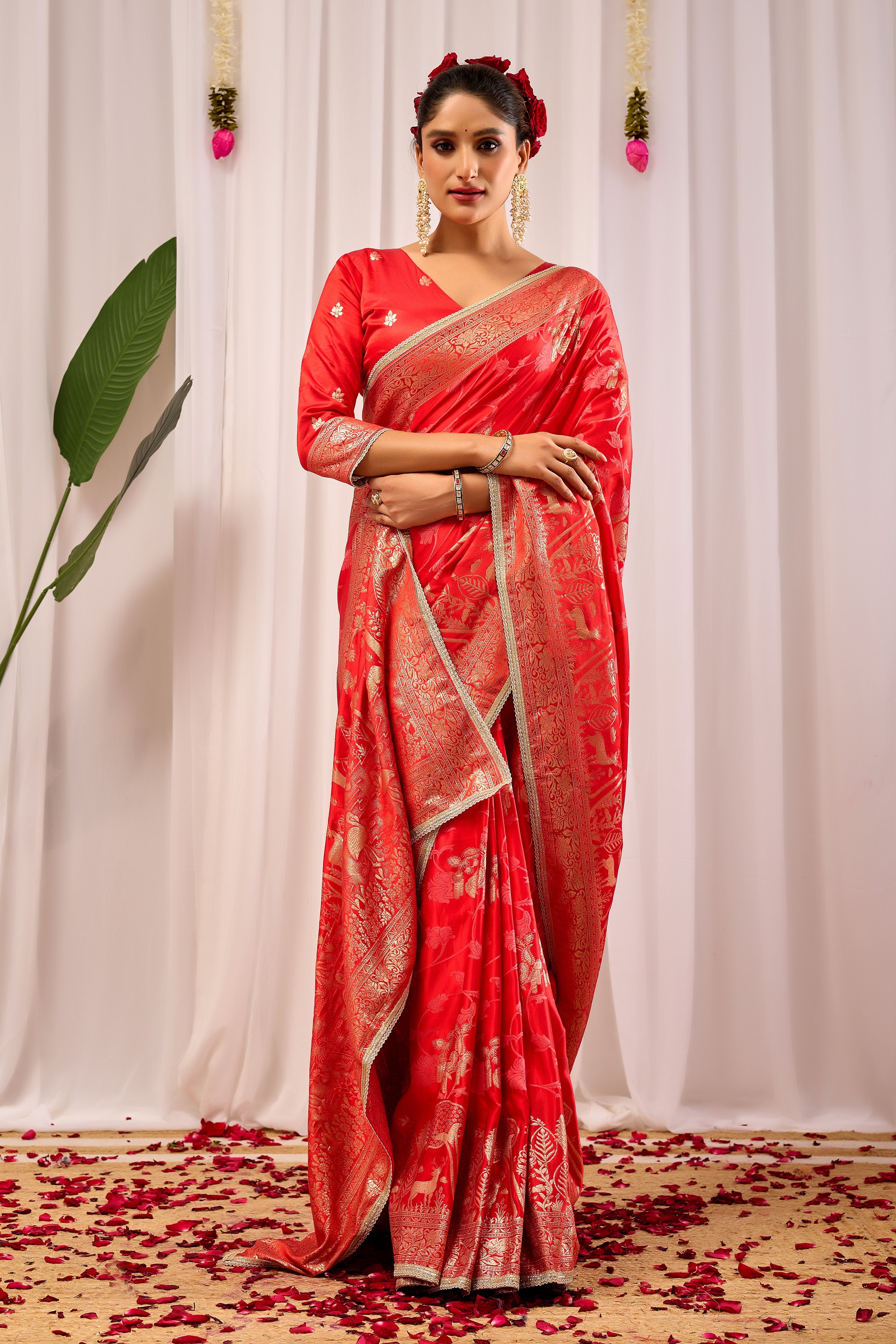 Crimson Elegance Satin Silk Saree with Golden Zari Detailing