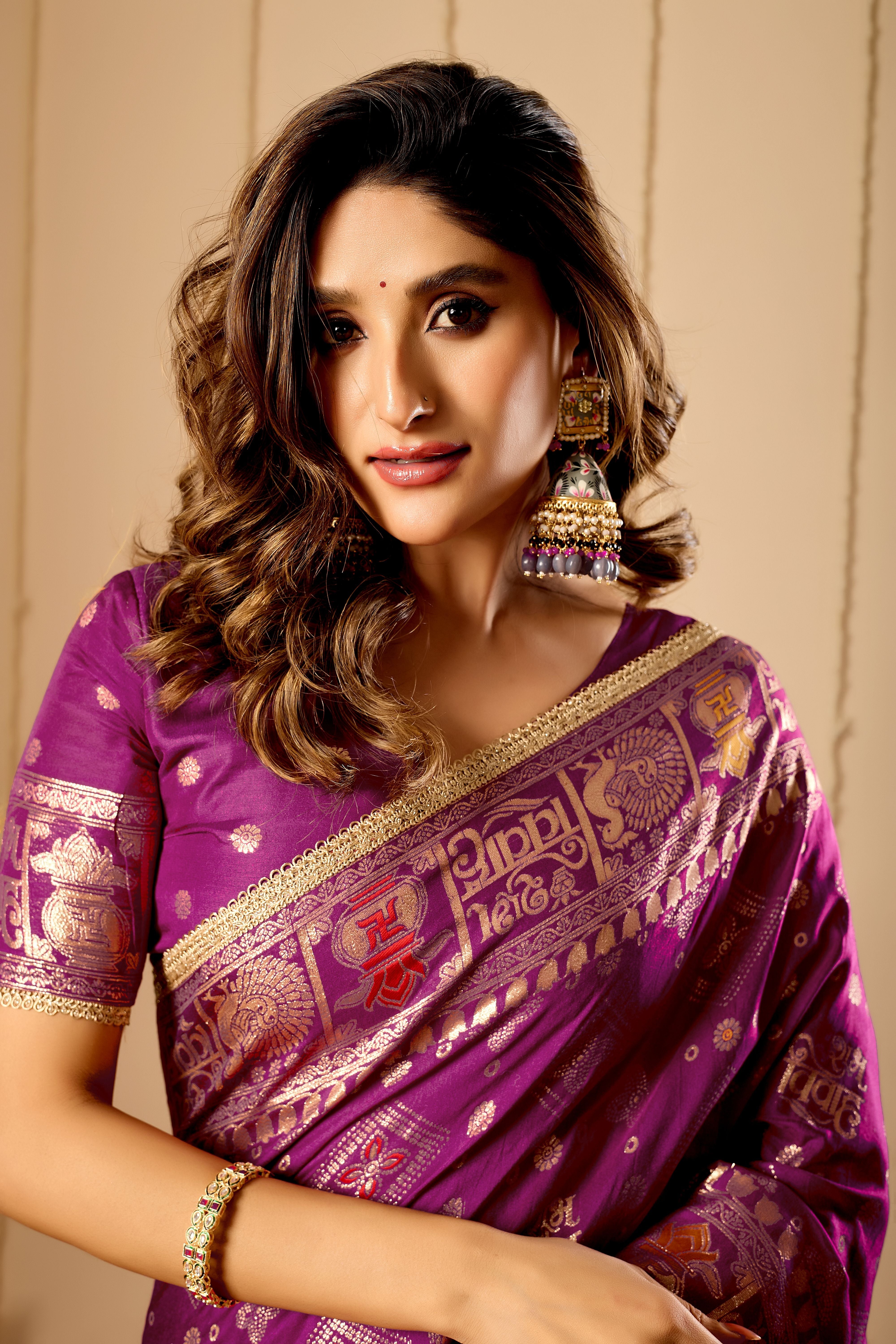 Royal Amethyst Heritage Satin Silk Saree with Intricate Zari Detailing