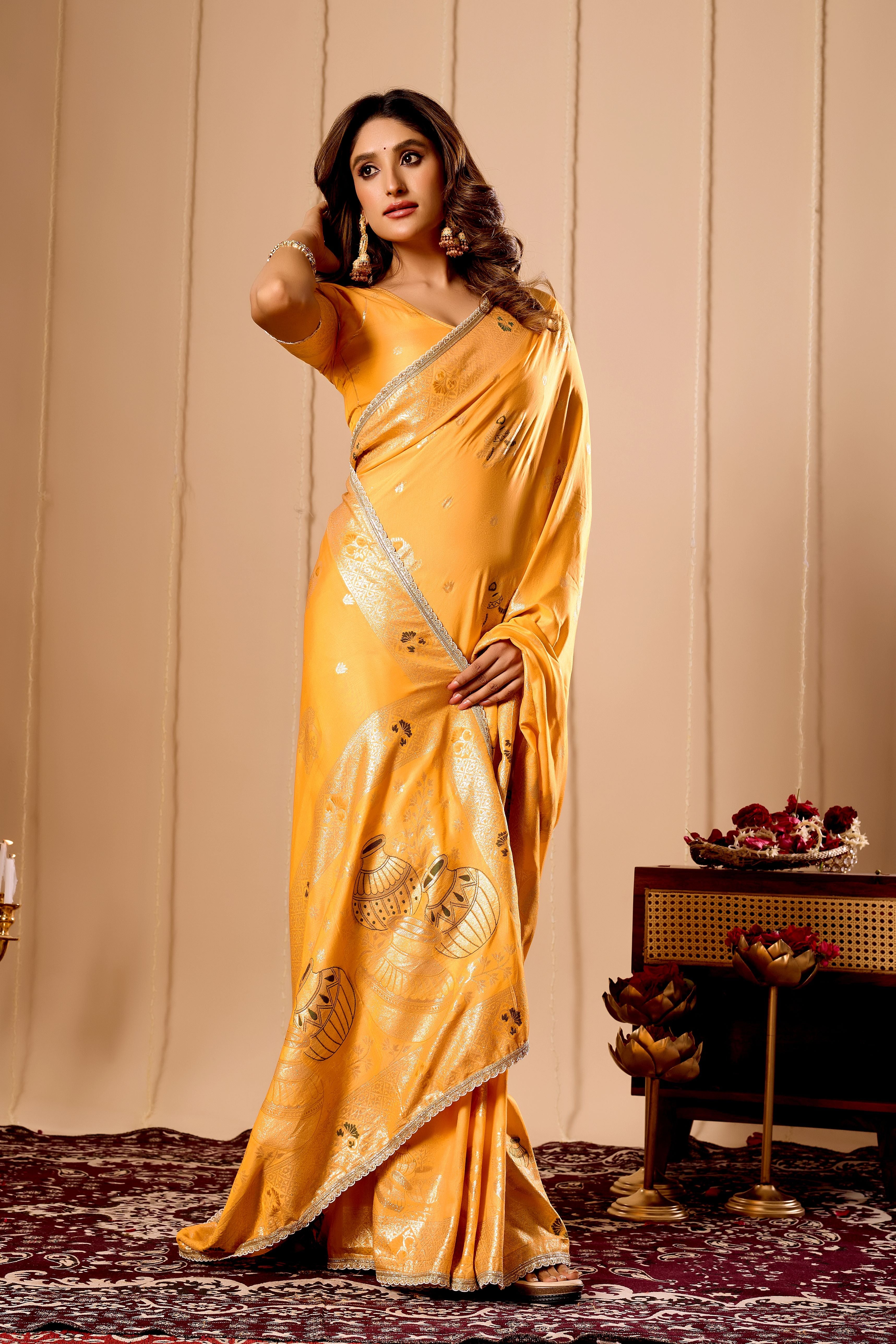 Elegant Mustard Yellow Satin Silk Saree with Intricate Gold Zari Weaving and Traditional Pot Motif Pallu