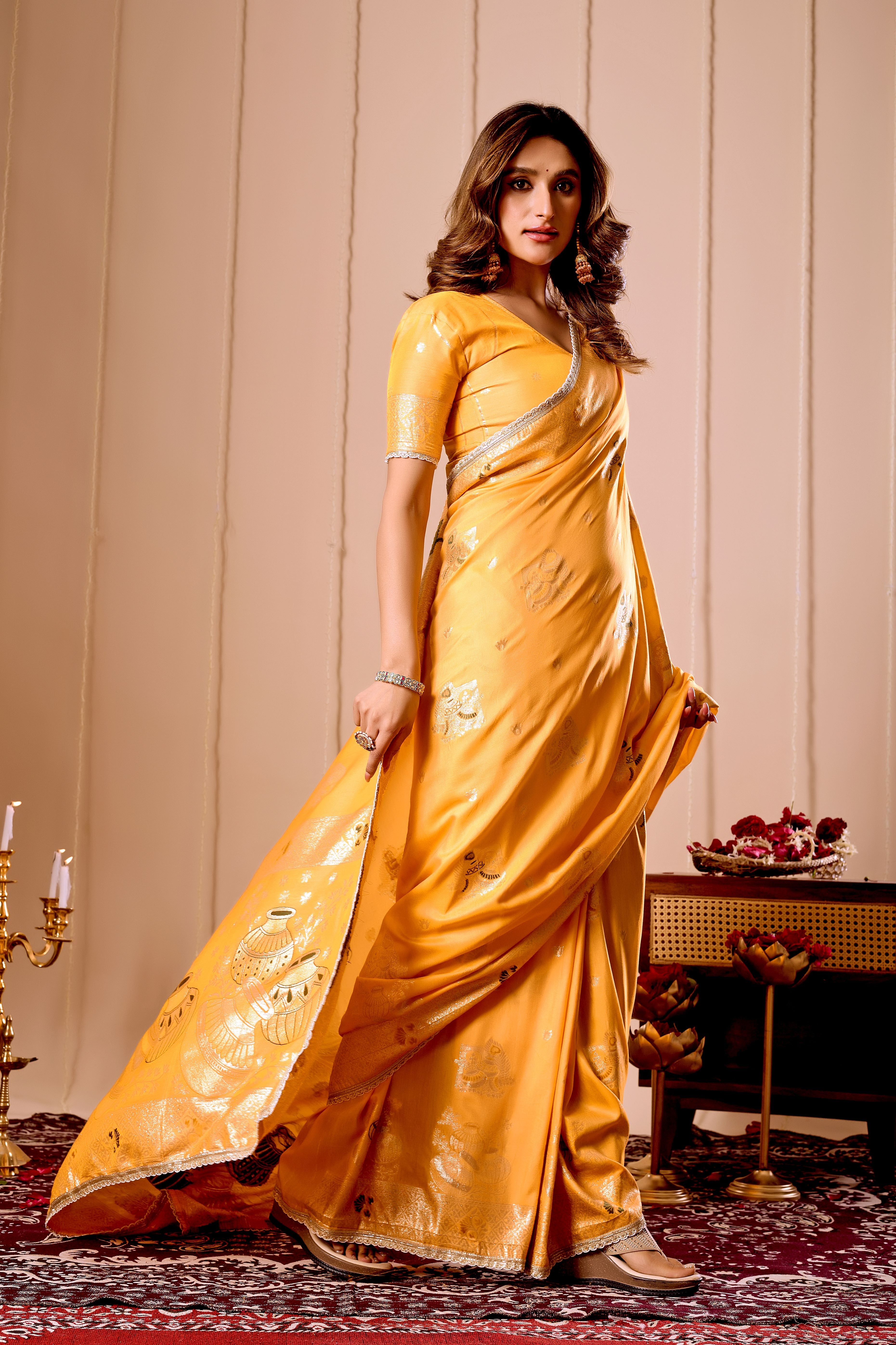 Elegant Mustard Yellow Satin Silk Saree with Intricate Gold Zari Weaving and Traditional Pot Motif Pallu