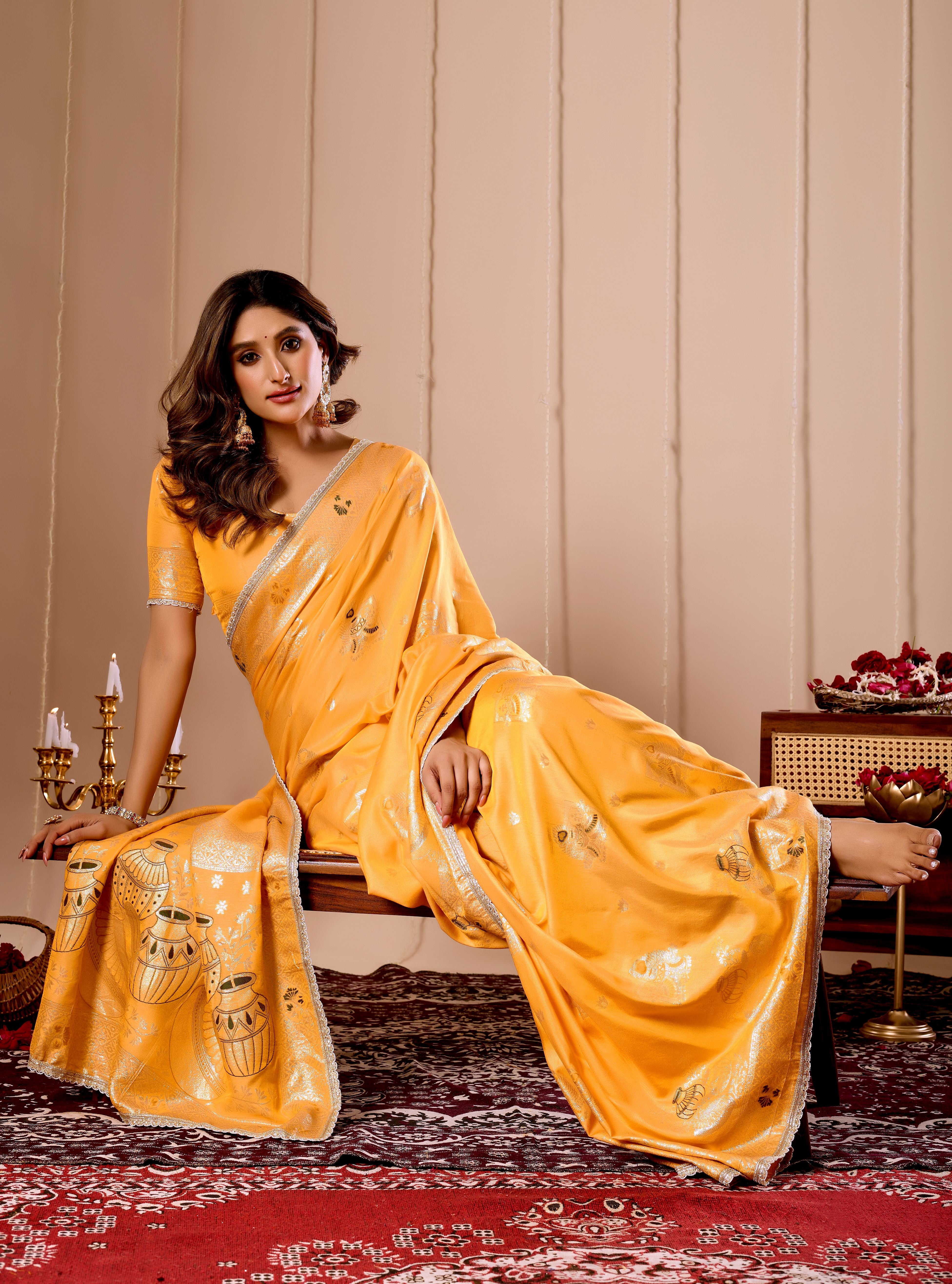 Elegant Mustard Yellow Satin Silk Saree with Intricate Gold Zari Weaving and Traditional Pot Motif Pallu
