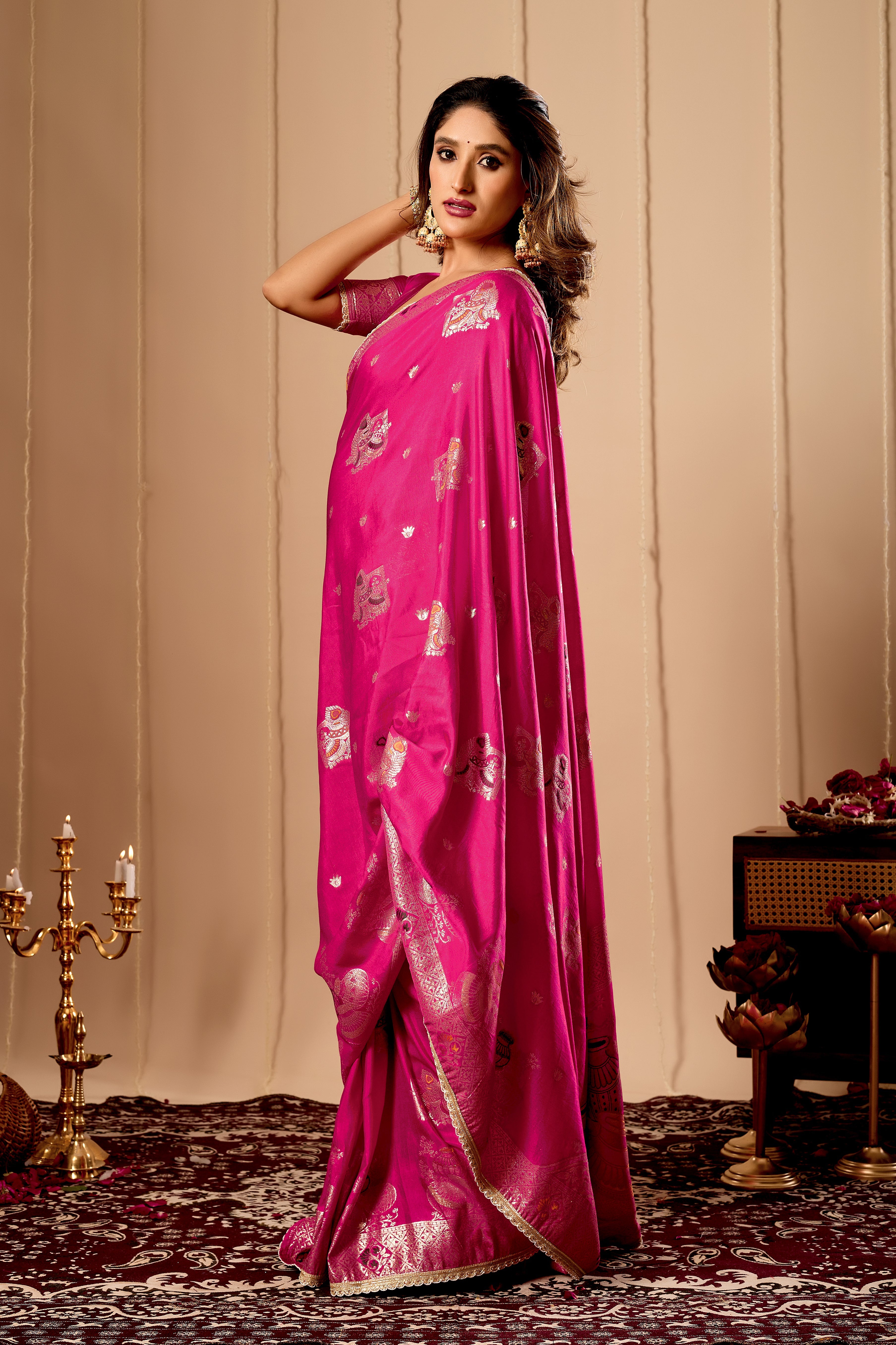 Luxurious Fuchsia Pink  Satin Silk Saree with Rich Gold Zari Weaving and Traditional Motif Pallu