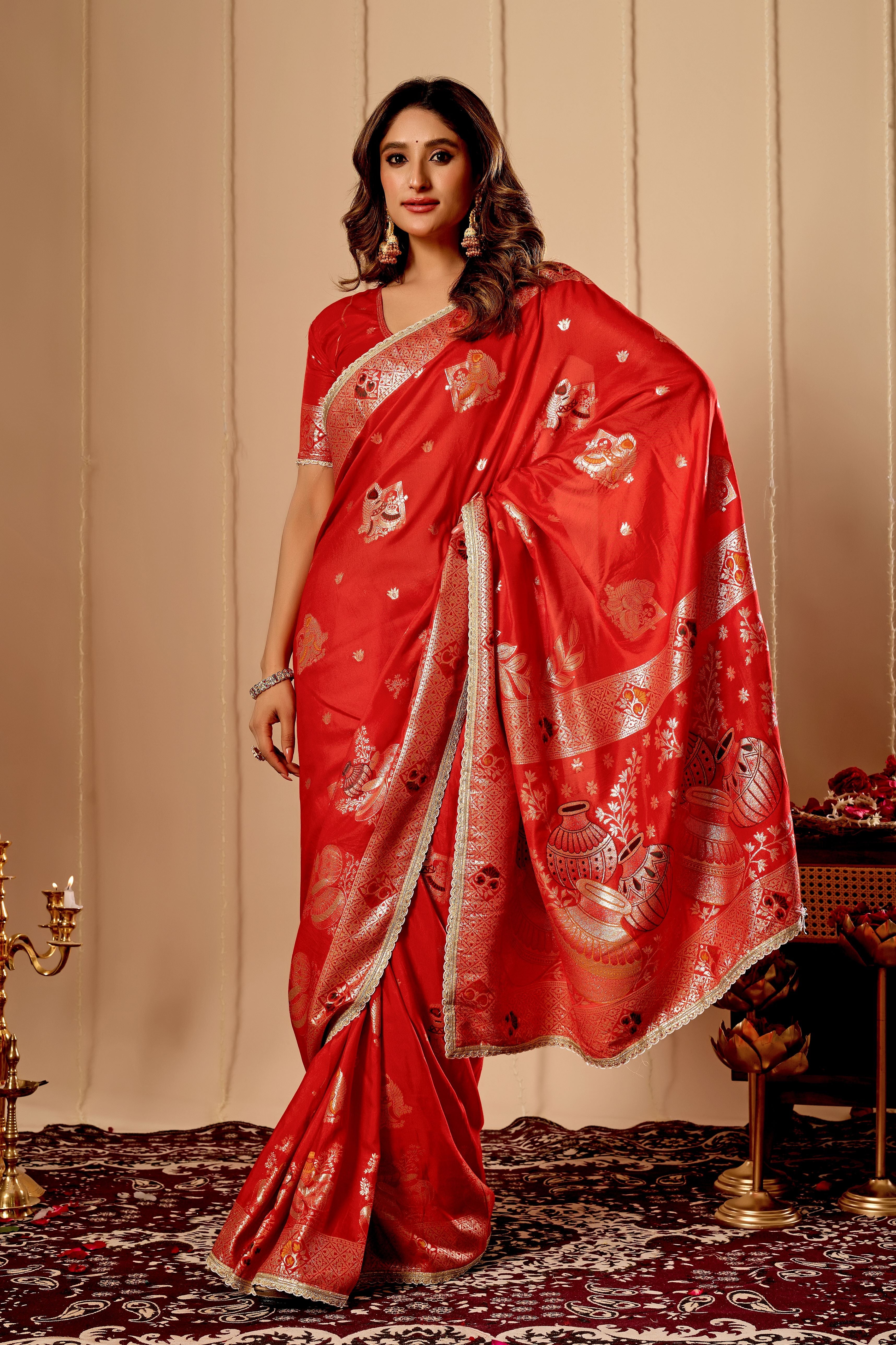 Sindoor Red Satin Heritage Silk Saree with Traditional Zari Motifs