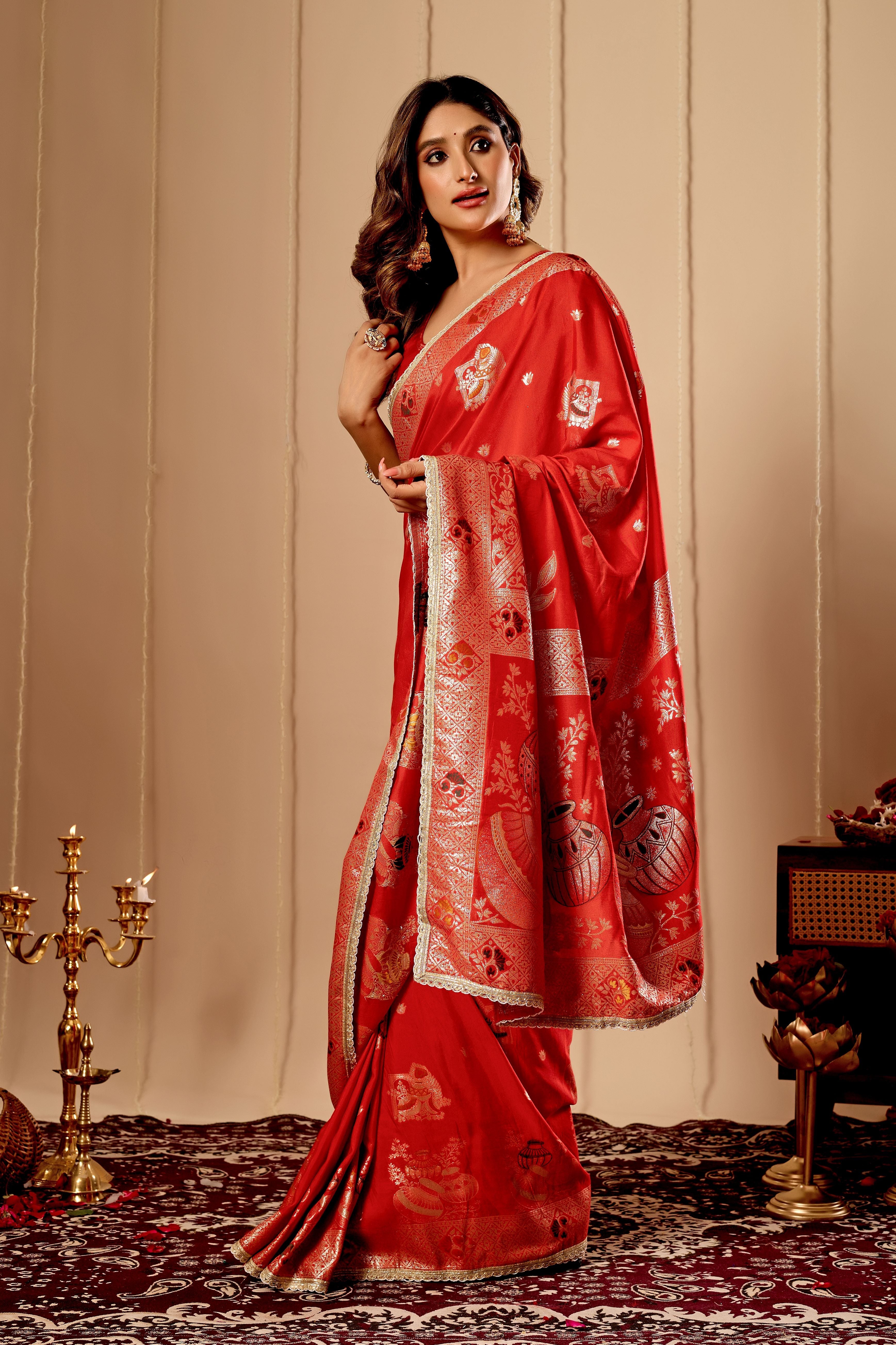 Sindoor Red Satin Heritage Silk Saree with Traditional Zari Motifs