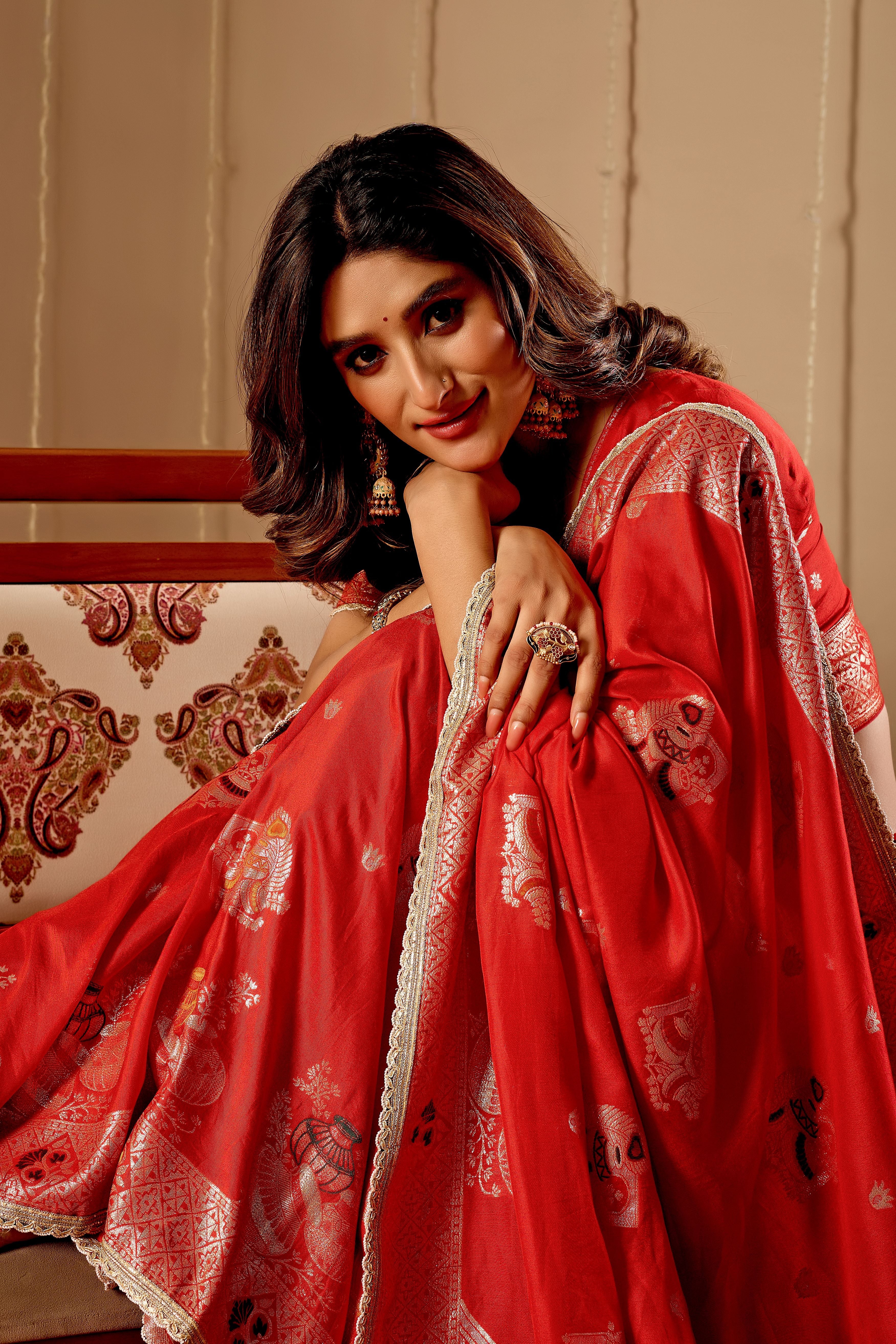 Sindoor Red Satin Heritage Silk Saree with Traditional Zari Motifs