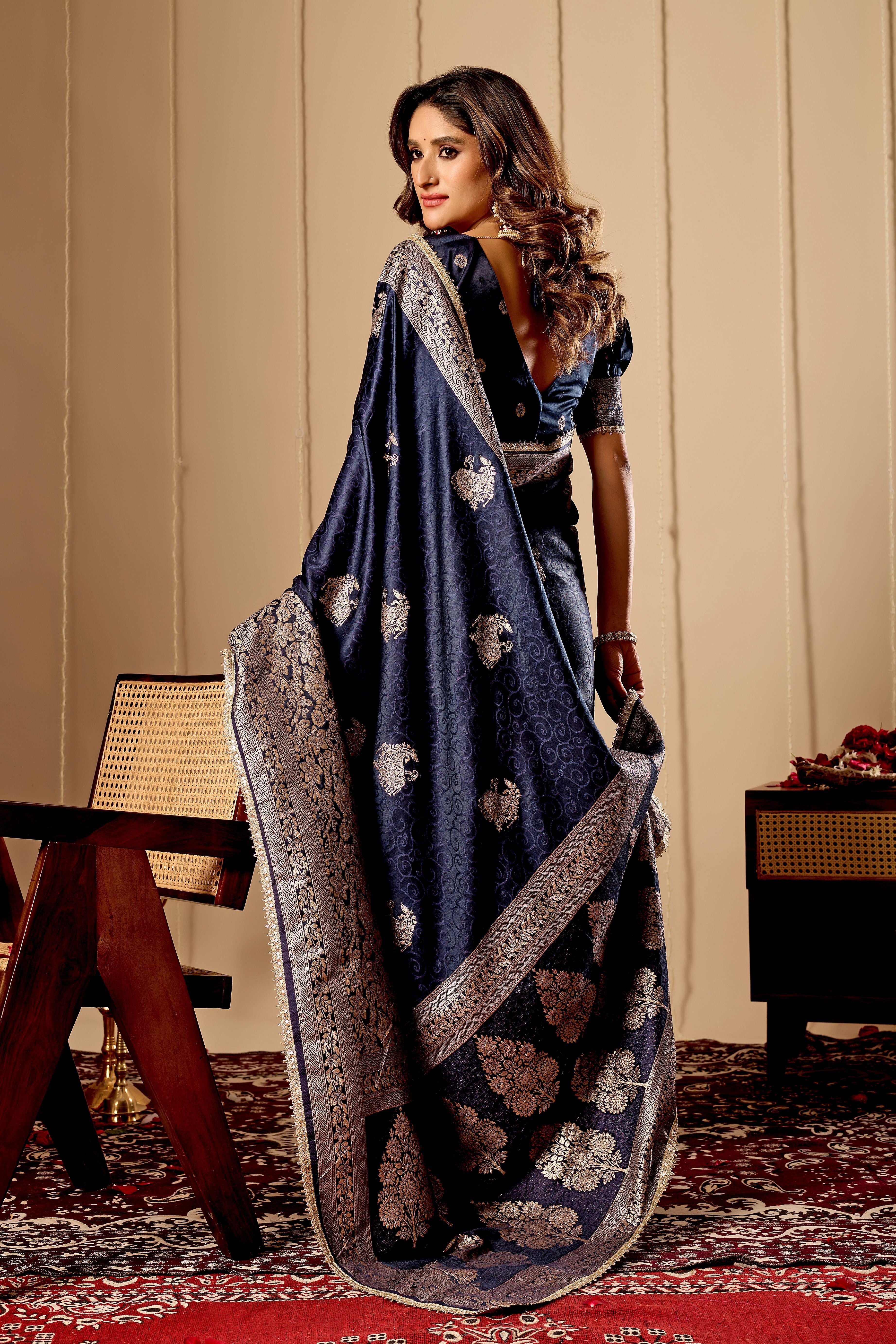 Royal Midnight Blue Satin Silk Saree with Antique Silver Zari Motifs