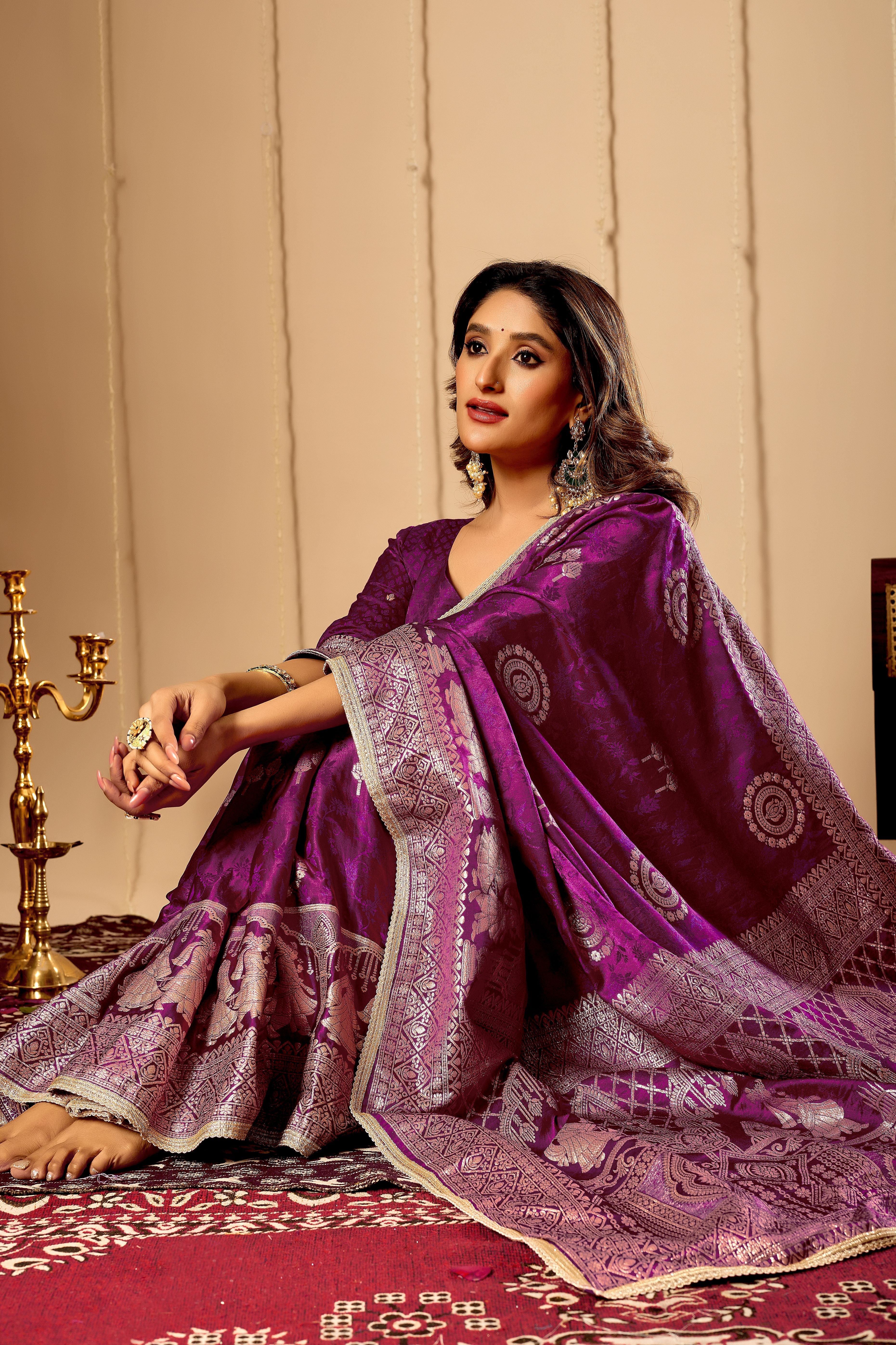 Regal Wine Purple Satin Silk Saree with Intricate Antique Gold Zari Weaving and Grand Traditional Pallu