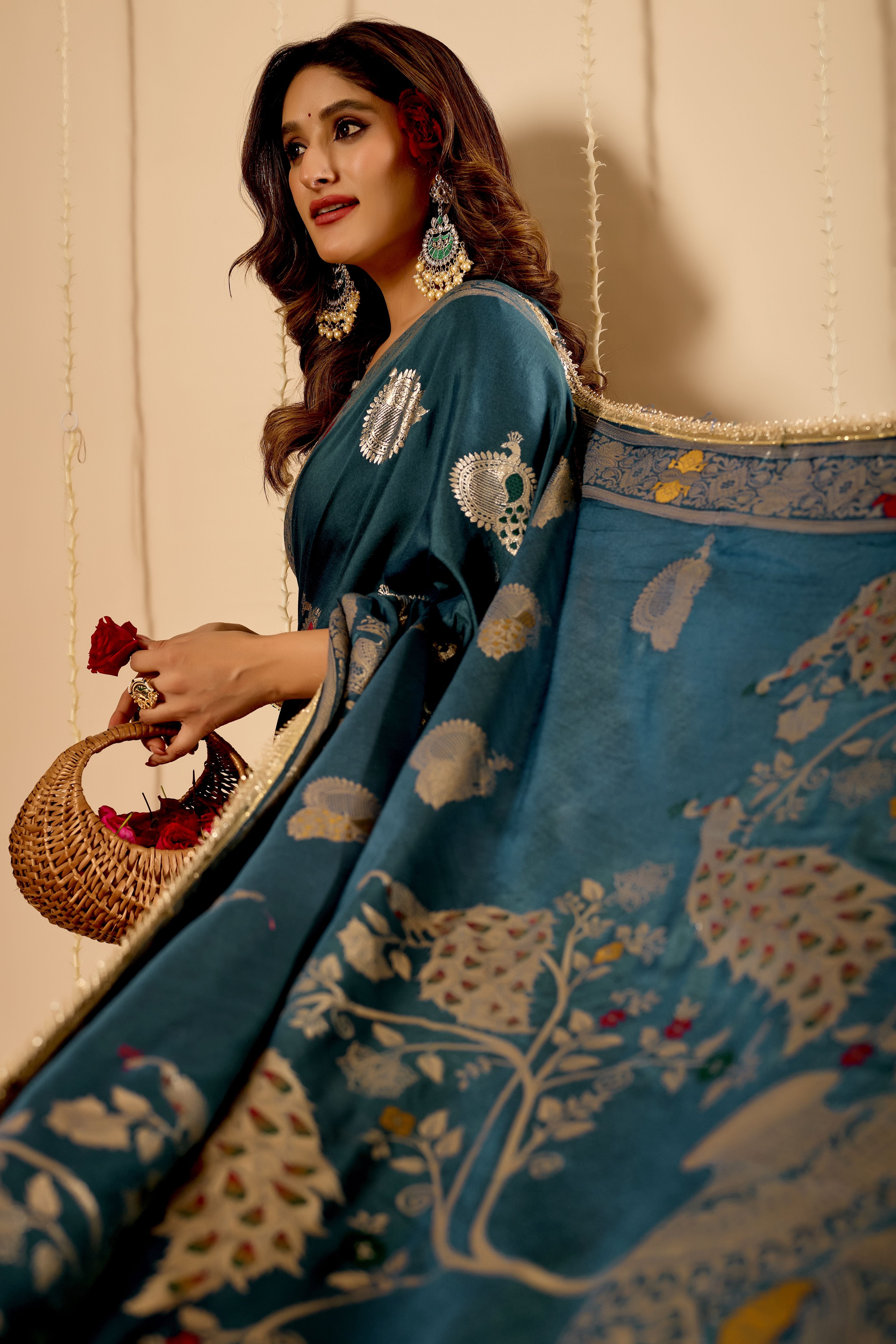 Elegant Teal Blue  Satin  Silk Saree with Silver Zari Motifs and Richly Woven Traditional Pallu