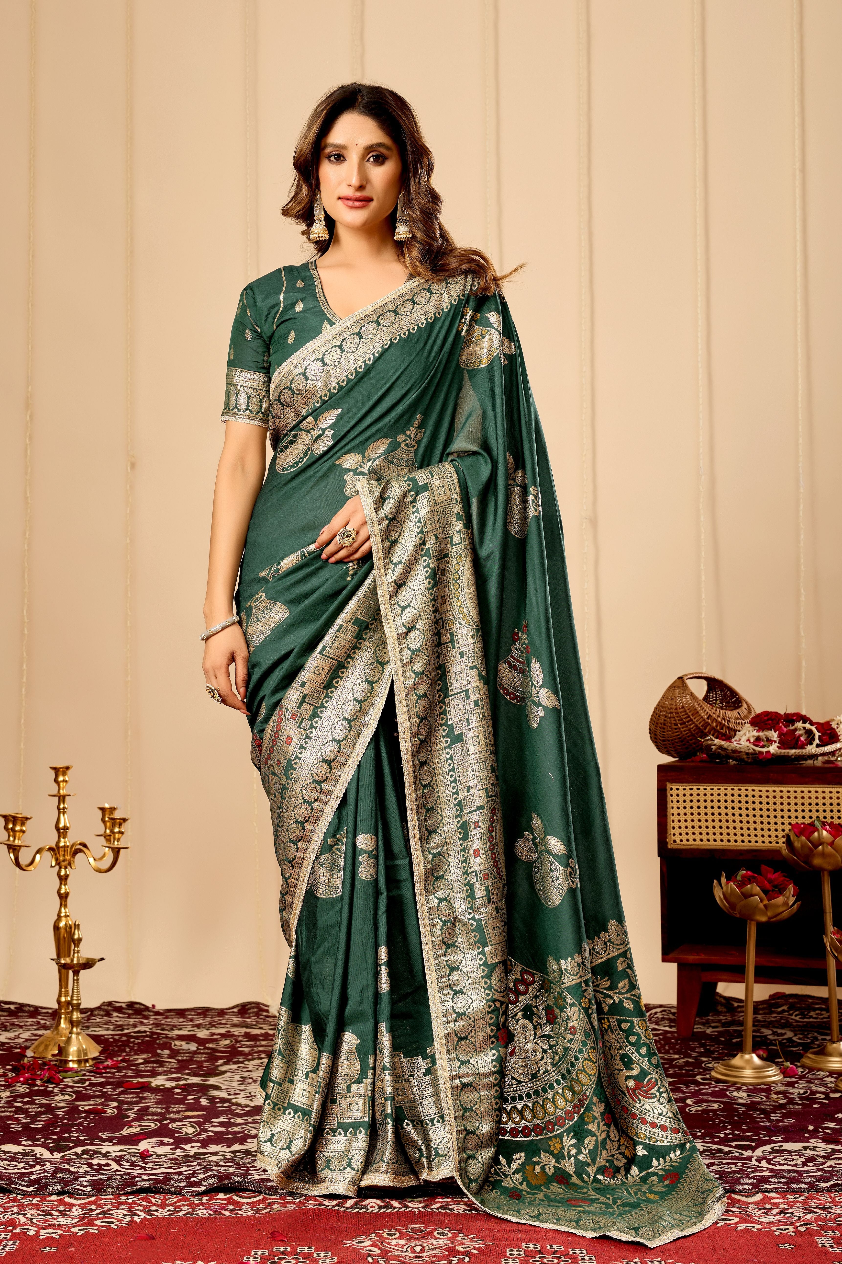 Royal Bottle Green  Silk Saree Featuring Intricate Gold Zari Work, Broad Heritage Border and Luxurious Heavy Pallu for Weddings & Festive Wear