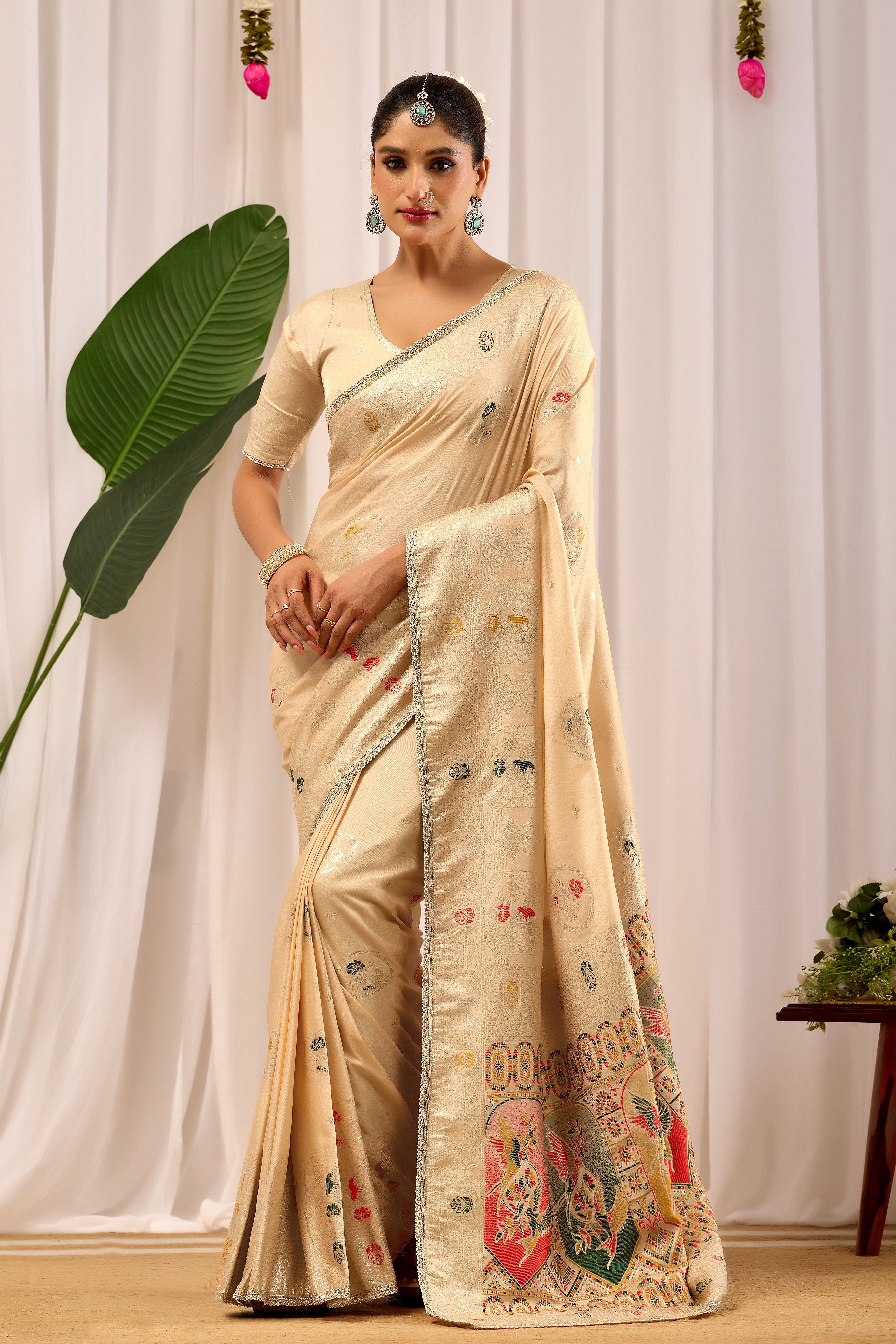 Ivory Sand Satin Silk Saree with Multicolor Heritage Motif Pallu