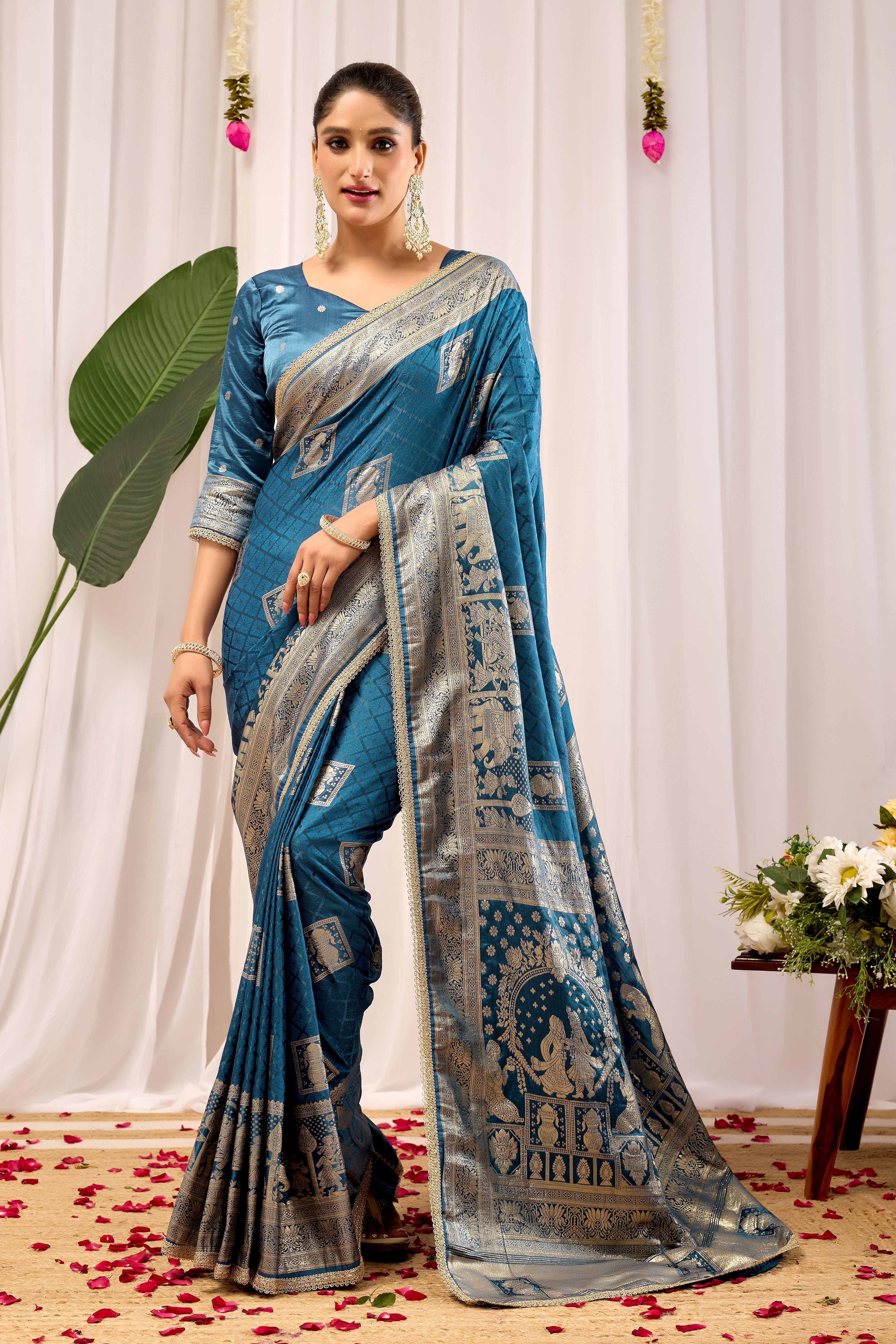 Teal Blue Soft Silk Saree with Intricate Woven Motifs, Rich Zari Border and Designer Traditional Pallu