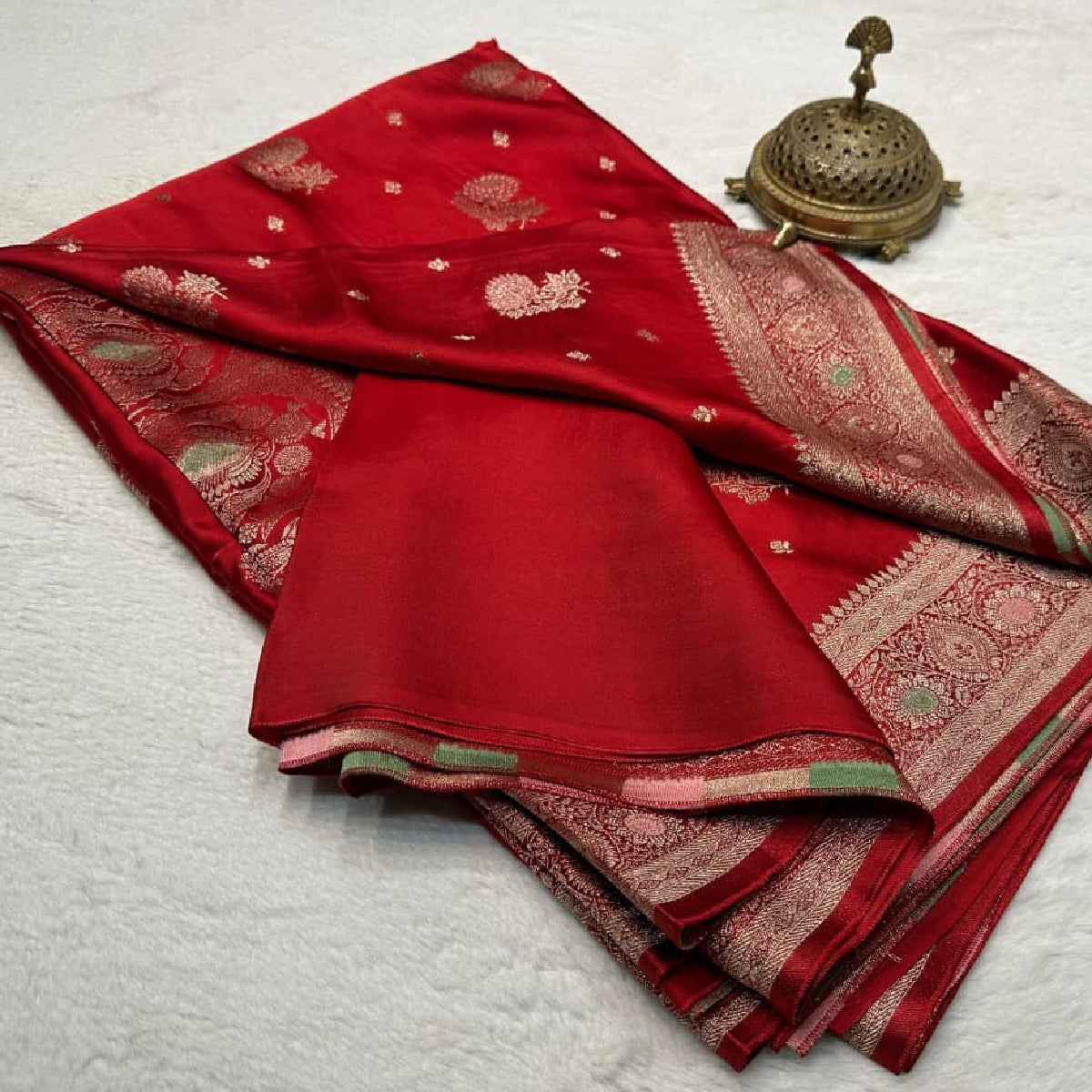 Red Kanchipuram Soft Silk Saree with Heavy Zari Border & Meena Butta