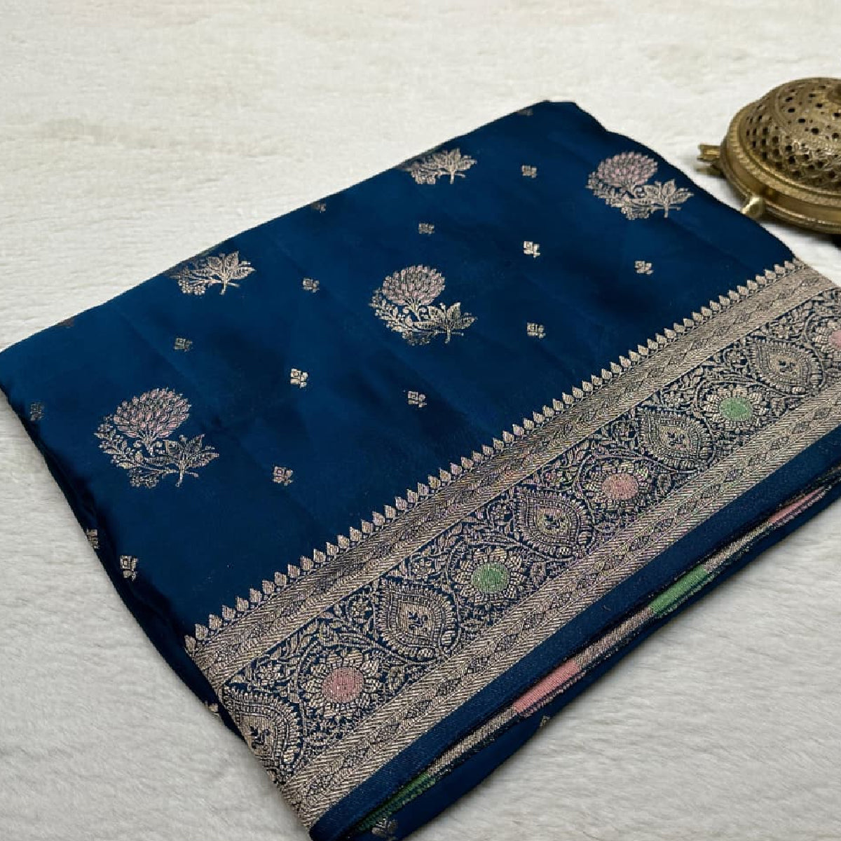 Royal Navy Blue Kanchipuram Soft Silk Saree with Heavy Zari Border