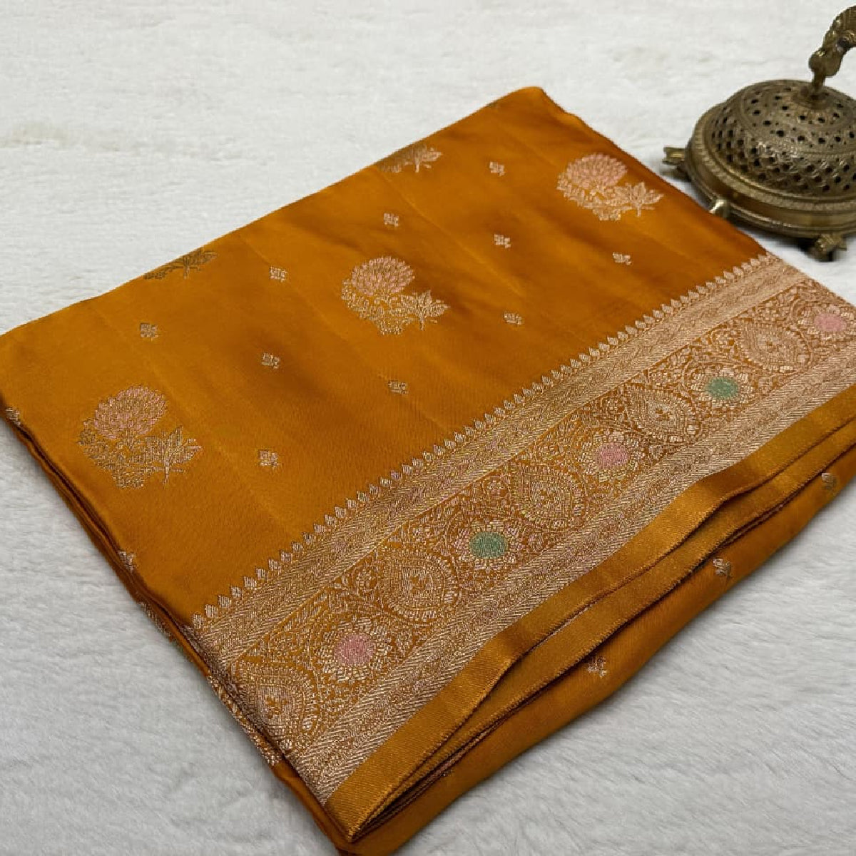 Mustard Yellow Kanchipuram Soft Silk Saree with Gold Zari Work