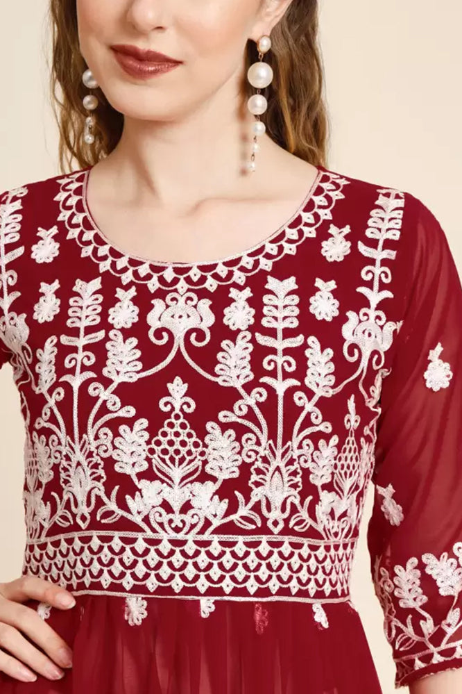 Casual Wear Embroidery Tops Red