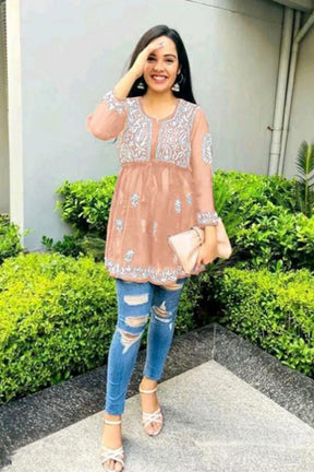 Peach Floral Embroidered Tunic Top