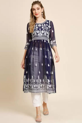 Blue Embroidered Georgette Long Tops
