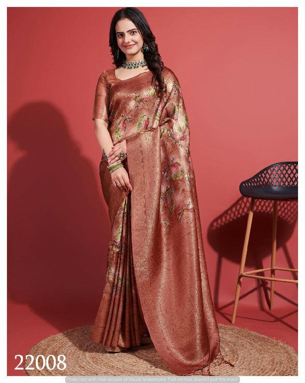 Premium Contemporary Charm: Digital Printed Soft Silk Sarees in Brown for Weddings & Festive Wear