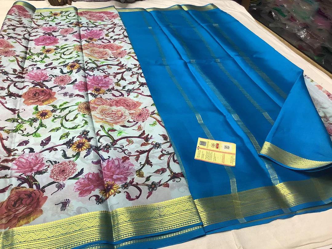 Premium Mysore Printed Floral Silk Sarees for Parties for Weddings & Festive Wear