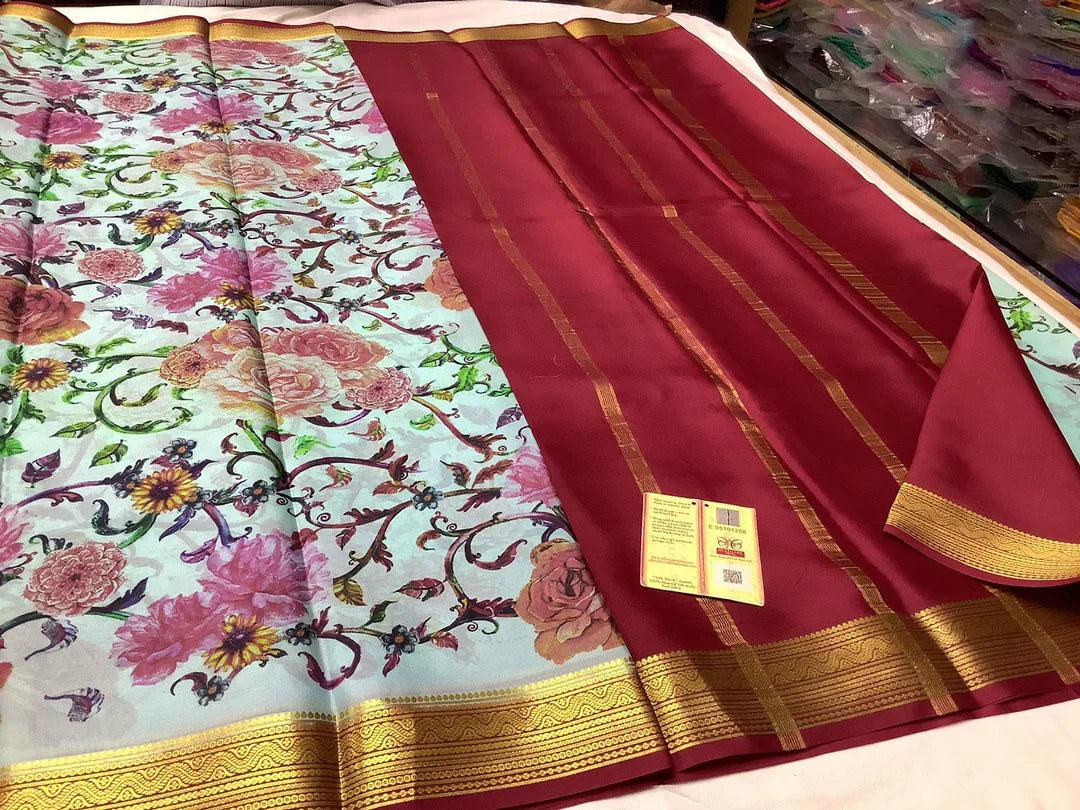 Premium Stylish Mysore Printed Floral Silk Sarees for Weddings & Festive Wear