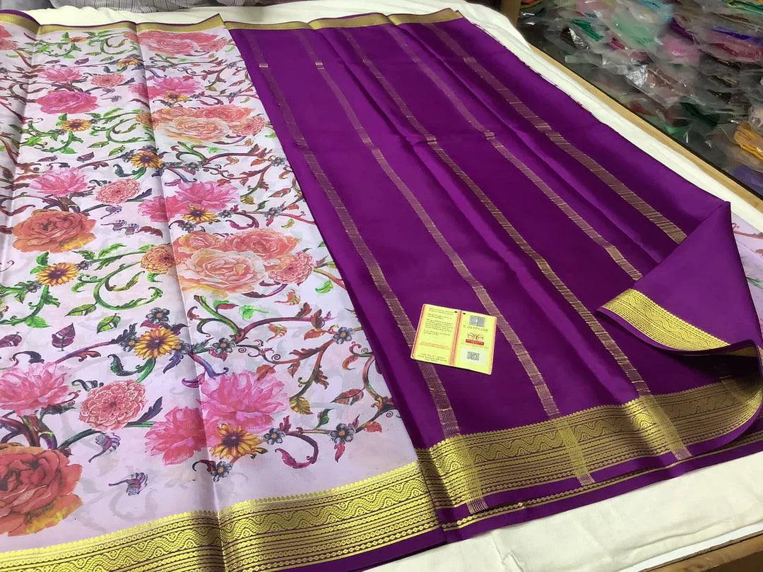 Premium Graceful Mysore Printed Floral Crepe Silk Sarees for Weddings & Festive Wear