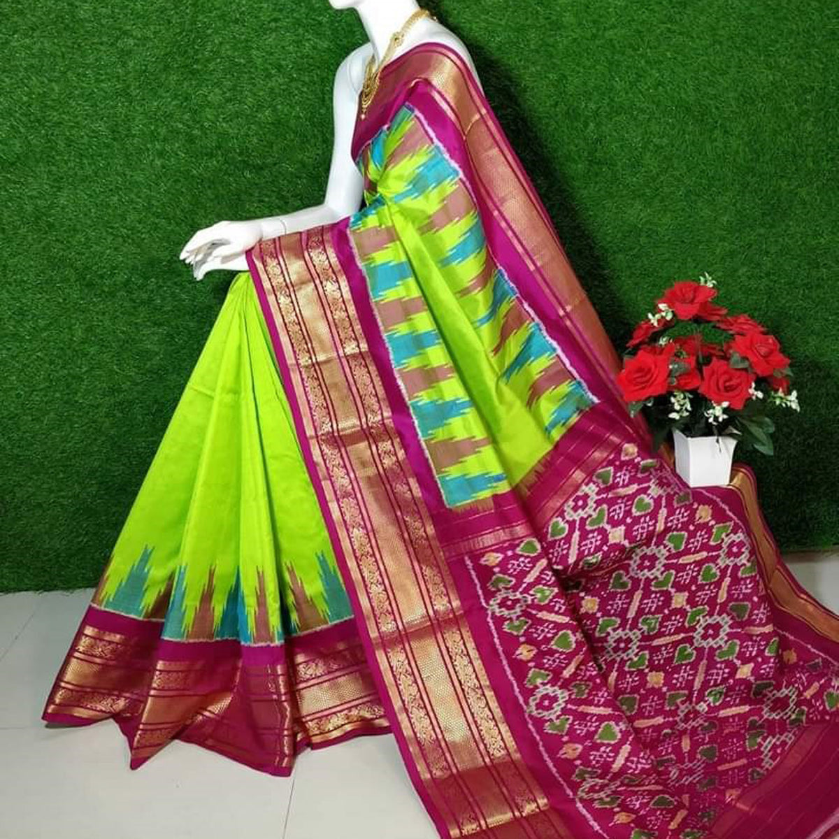 Green Fancy Silk Plain Saree With Patola Design Blouse