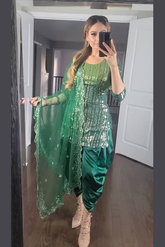 Green mirror work dhoti kurta salwar suit with dupatta.