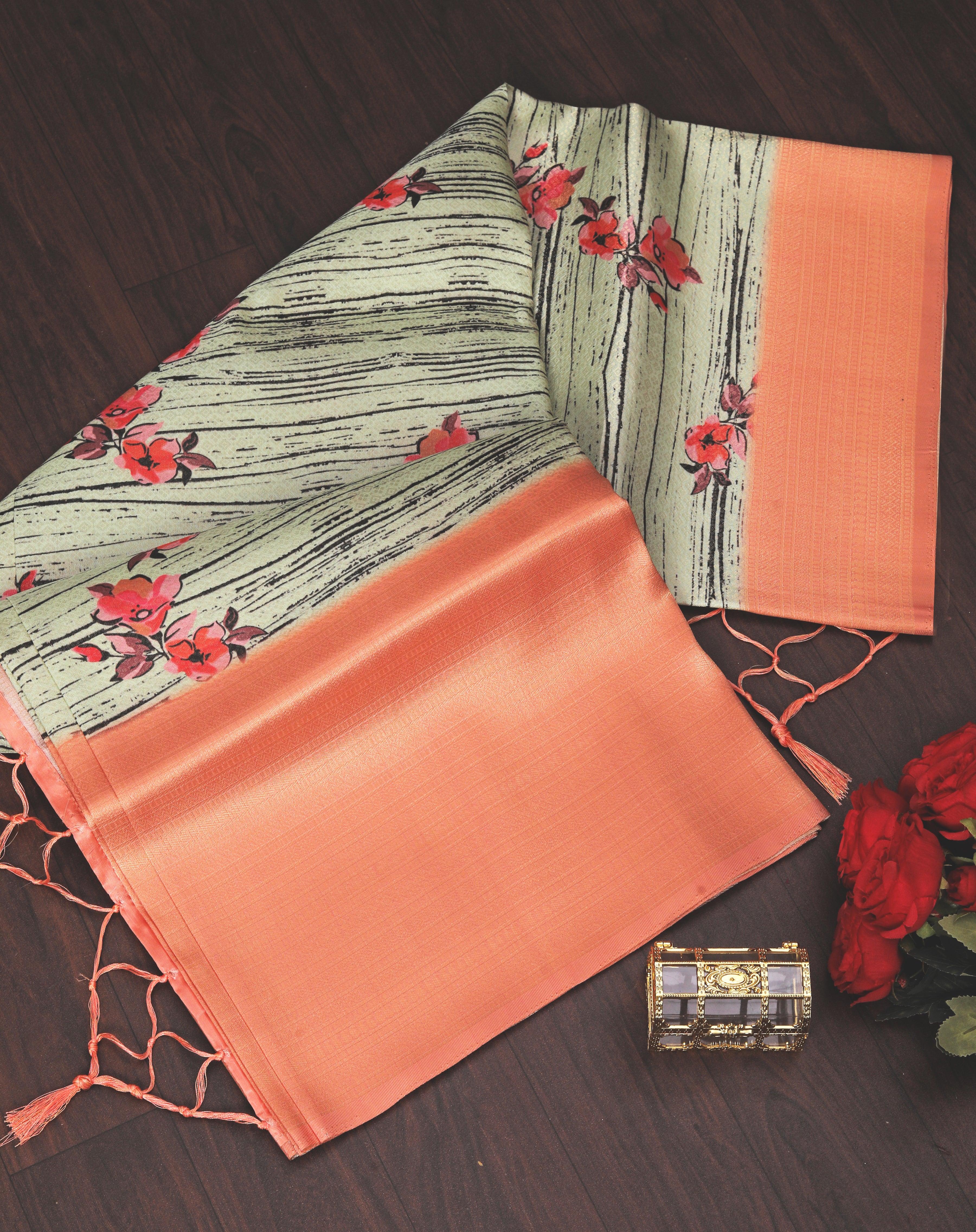 Premium Digital soft silk printed saree in Peach for Weddings & Festive Wear