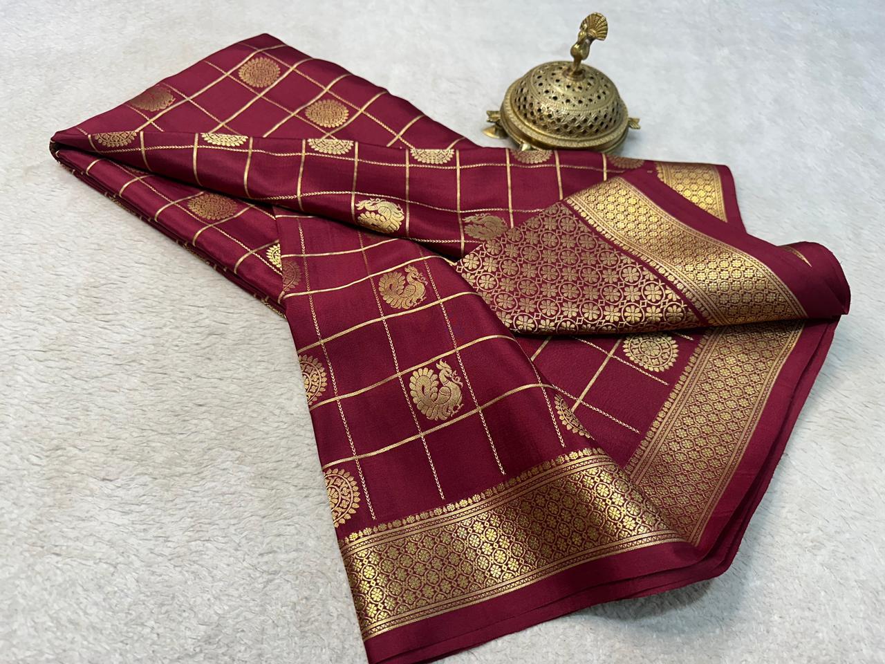 Regal Harmony: Peacock & Chakra Motifs in Chex Soft Silk Elegance