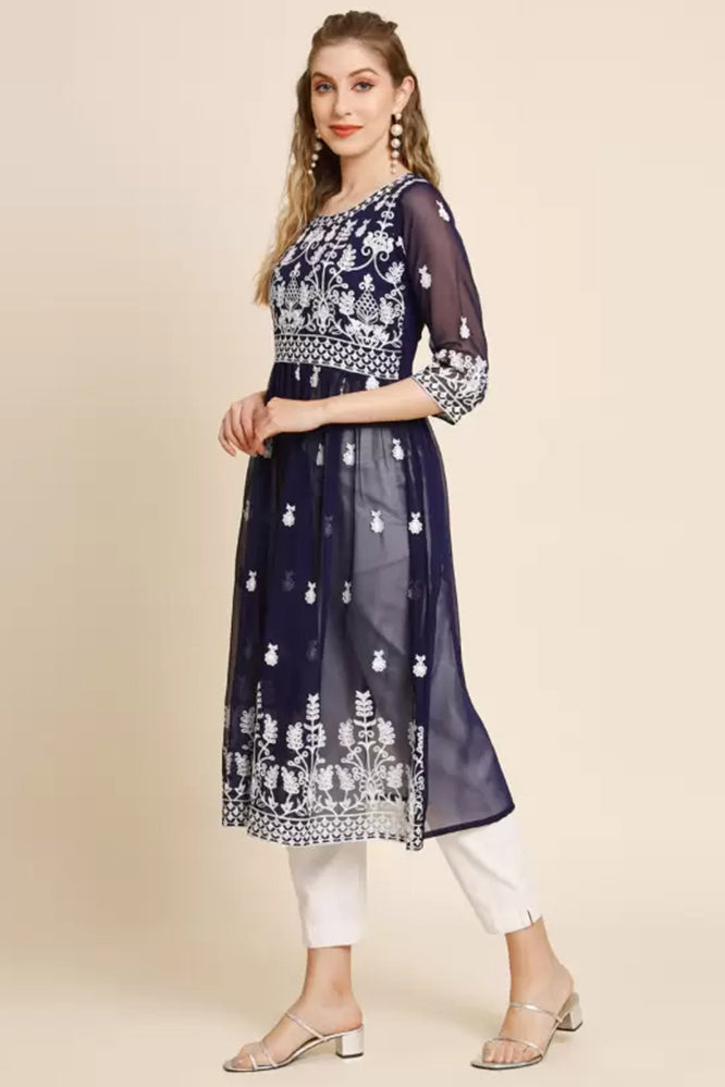 Blue Embroidered Georgette Long Tops