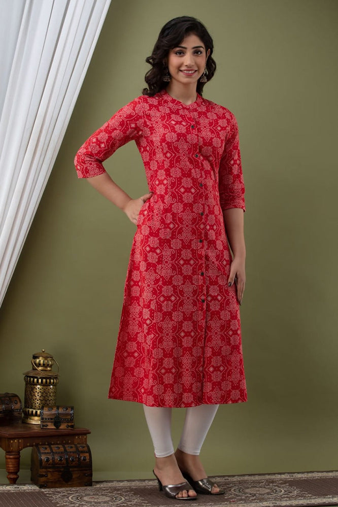 Red Floral Printed Pure Cotton Straight Kurti