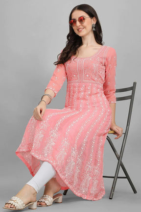 Threadwork Tunic with Floral Applique  Pink