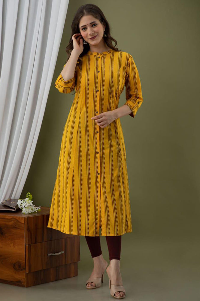 Straight Fit Ethnic Stripes Printed Yellow Kurti for Women by Vootbuy