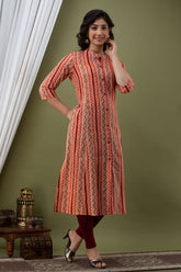 Pink Stripe Printed Mid-Thigh Length Cotton Kurti