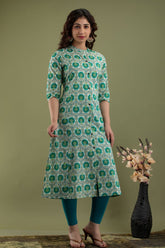 Vootbuy Floral Printed Casual Wear Green Kurti for Women's
