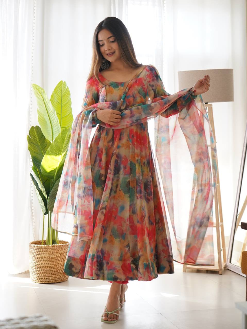 Digitally Printed Pure Soft Organza Anarkali Suit With Pant Set