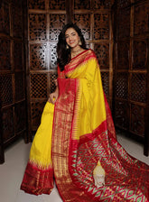 Yellow & Red Blue Printed handloom Soft Silk Saree