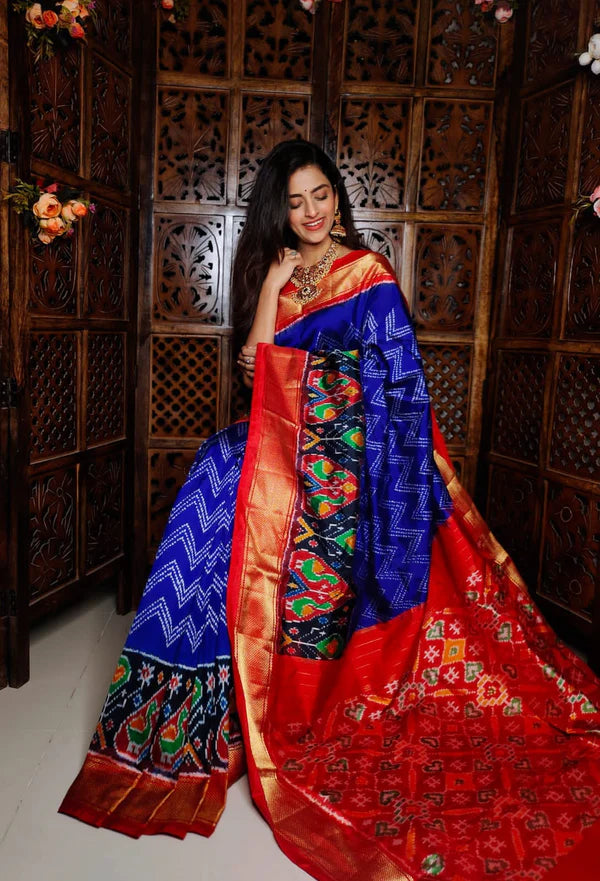 Blue & Red Printed handloom Soft Silk Saree