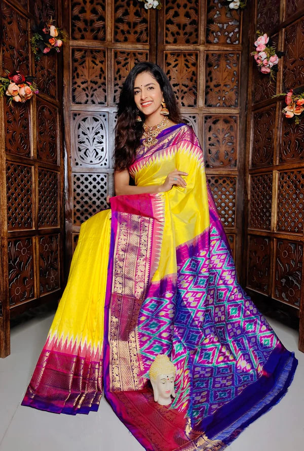 Yellow & Purple ikkat  Printed handloom Soft Silk Saree