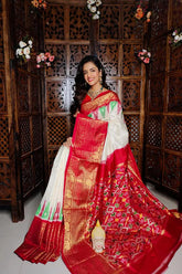 White & Red Printed handloom Soft Silk Saree