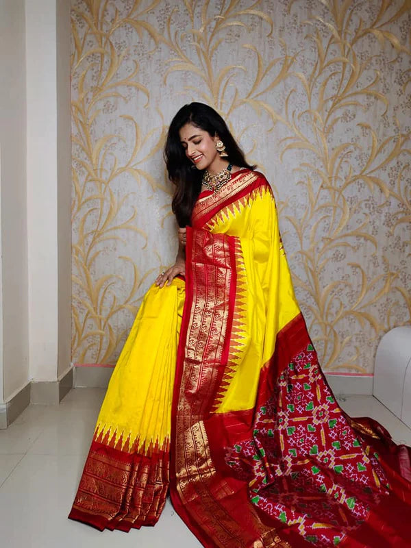 Yellow & Red ikkat  Printed handloom Soft Silk Saree