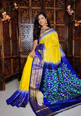 Yellow & Blue ikkat  Printed handloom Soft Silk Saree