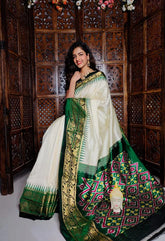 White & Green Blue Printed handloom Soft Silk Saree