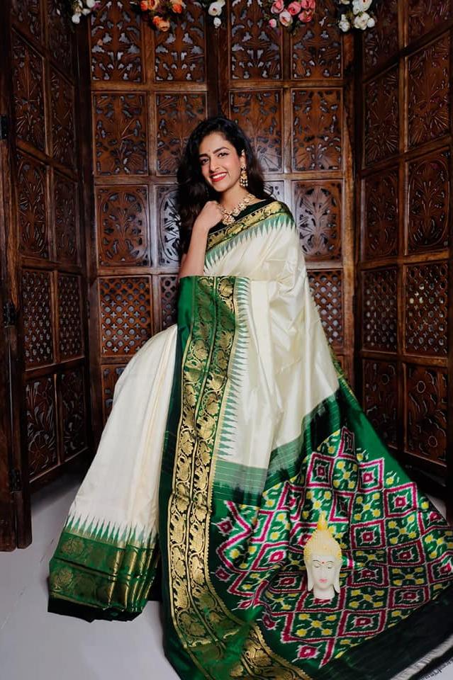 White & Green Ikkat Handloom Soft Silk Saree